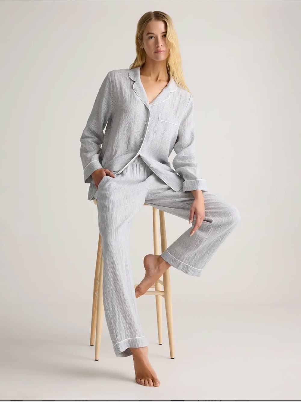Quince Light Gray Striped Women's Pajama Set - Classic Button-Front